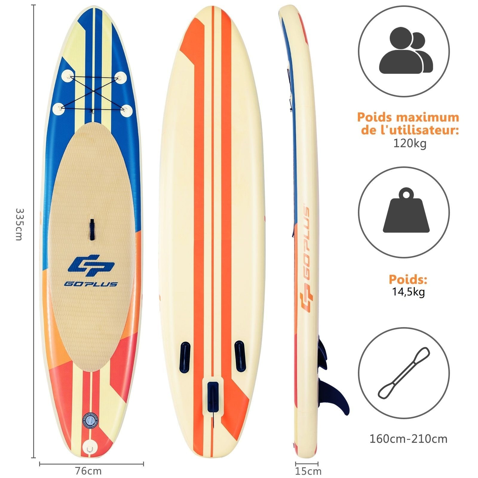 Paddle Gonflable 320X76X15Cm/335X76X15Cm En PVC Avec Pagaie Alliage Aluminium Réglable Aileron Amovible Pompe Manuel 120KG MAX Marron