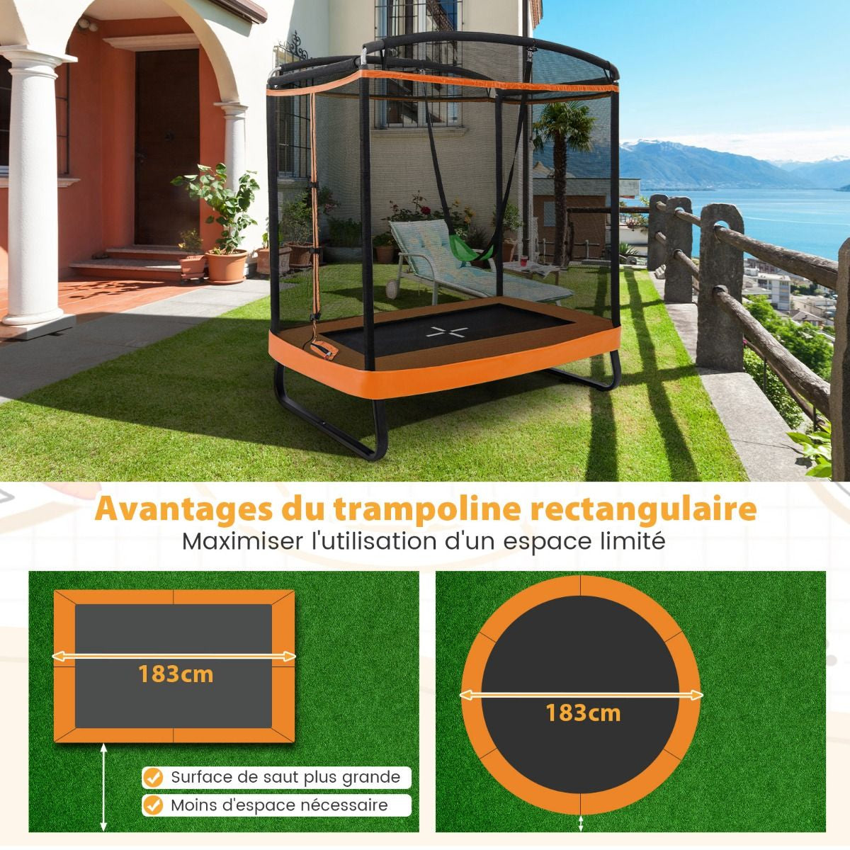 2 En 1 Trampoline Enfants (190X122Cm) Avec Balançoire Amovible Trampoline De Jardin Avec Filet De Sécurité Charge 100Kg Pour 3 Ans+ Bleu/Orange
