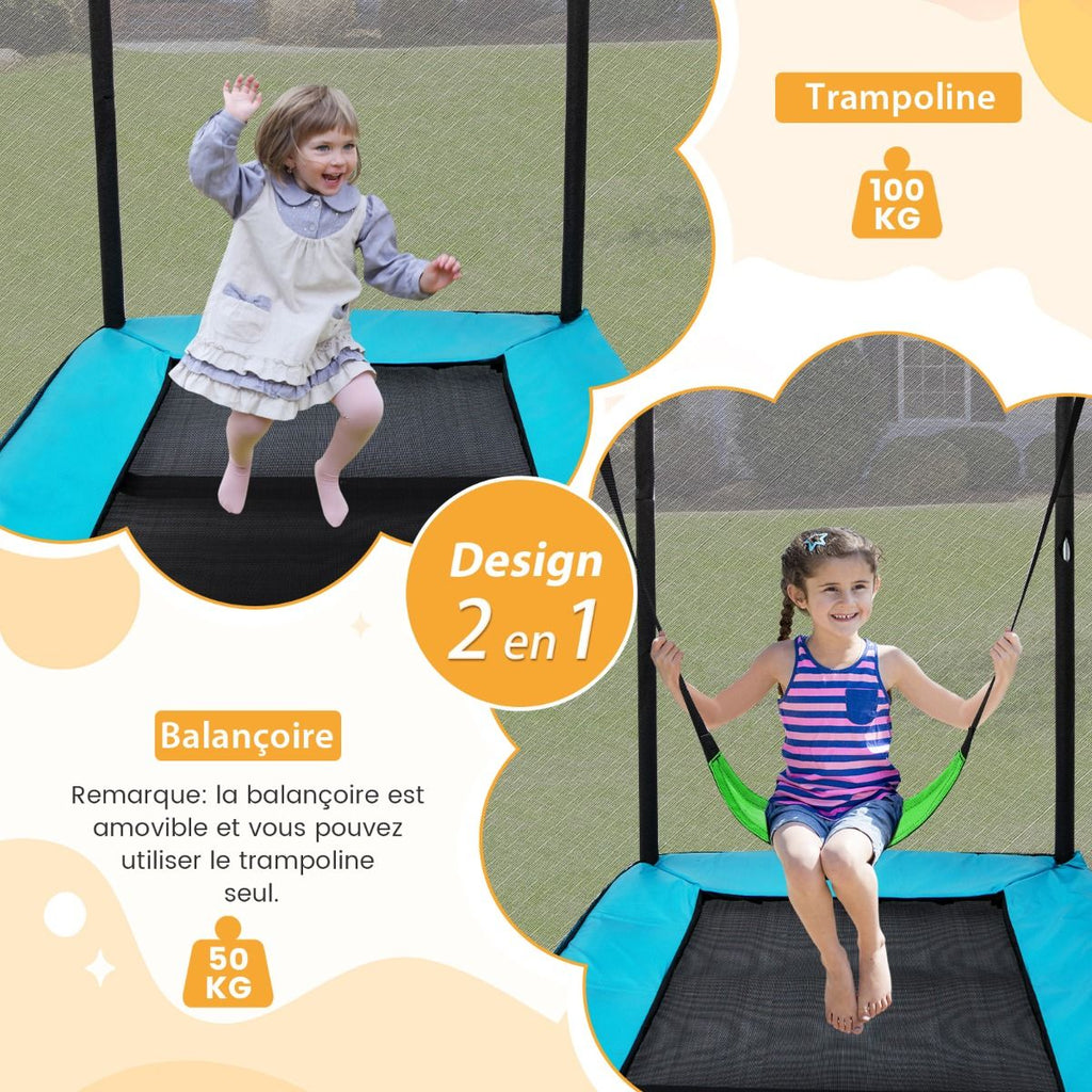 2 En 1 Trampoline Enfants (190X122Cm) Avec Balançoire Amovible Trampoline De Jardin Avec Filet De Sécurité Charge 100Kg Pour 3 Ans+ Bleu/Orange