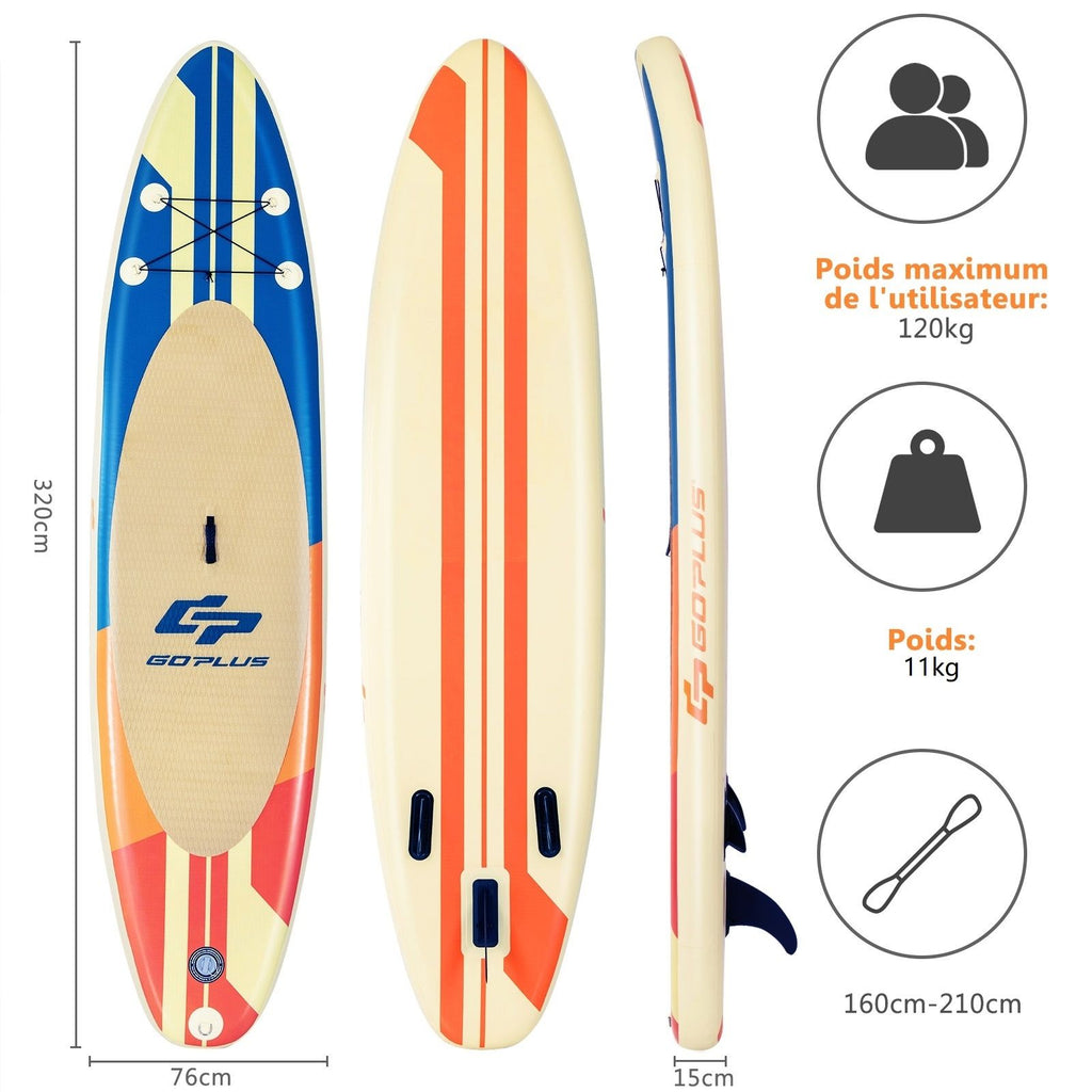 Paddle Gonflable 320X76X15Cm/335X76X15Cm En PVC Avec Pagaie Alliage Aluminium Réglable Aileron Amovible Pompe Manuel 120KG MAX Marron