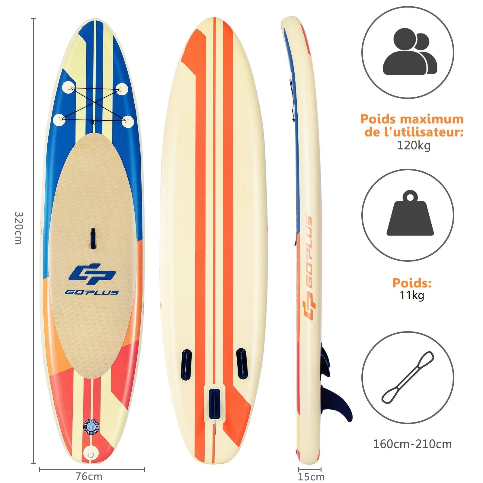 Paddle Gonflable 320X76X15Cm/335X76X15Cm En PVC Avec Pagaie Alliage Aluminium Réglable Aileron Amovible Pompe Manuel 120KG MAX Marron