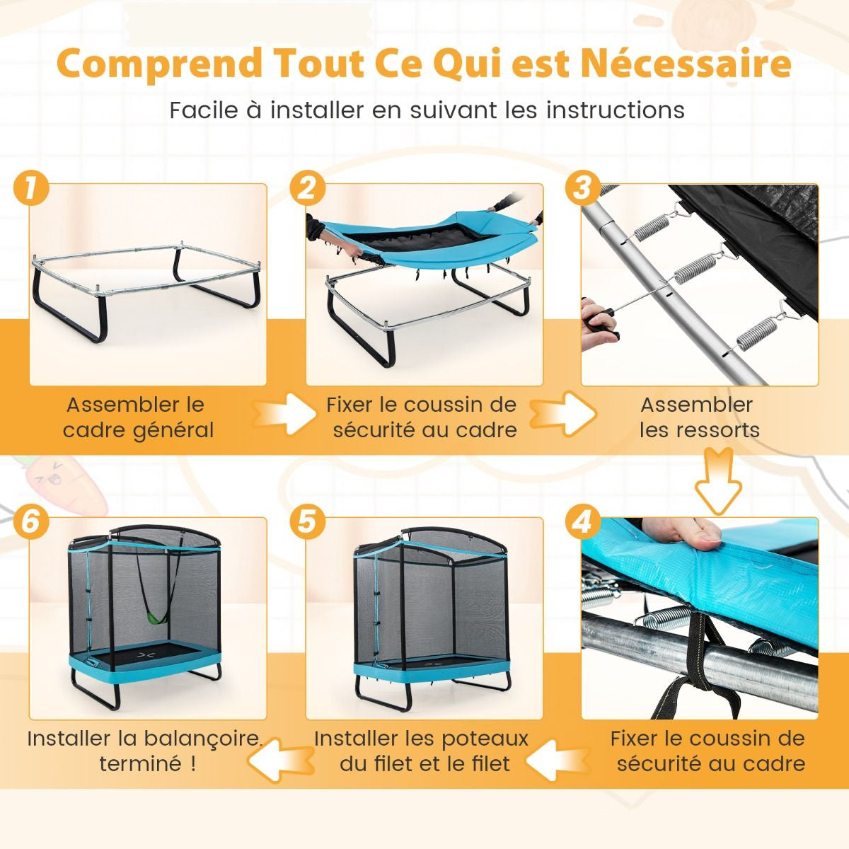 2 En 1 Trampoline Enfants (190X122Cm) Avec Balançoire Amovible Trampoline De Jardin Avec Filet De Sécurité Charge 100Kg Pour 3 Ans+ Bleu/Orange