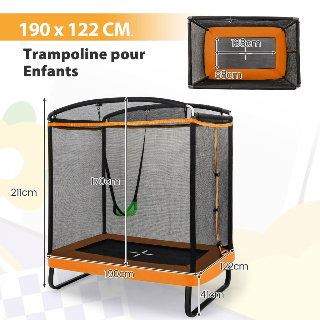 2 En 1 Trampoline Enfants (190X122Cm) Avec Balançoire Amovible Trampoline De Jardin Avec Filet De Sécurité Charge 100Kg Pour 3 Ans+ Bleu/Orange